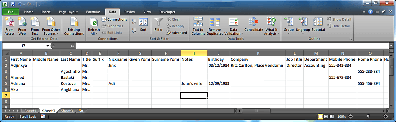 csv contacts in excel