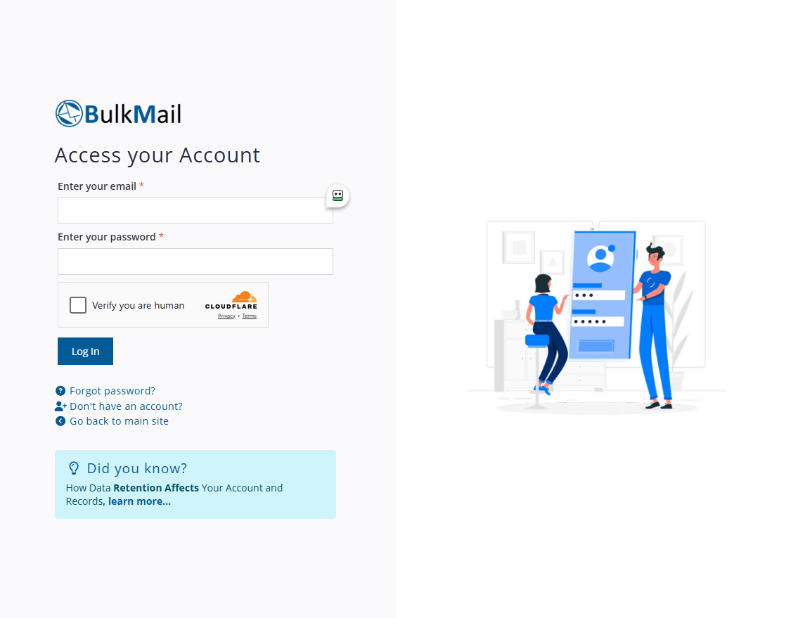 BulkMail account login screen