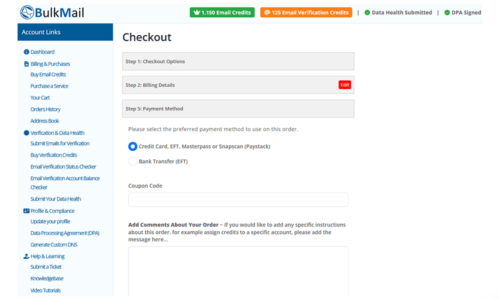 Purchase BulkMail credits