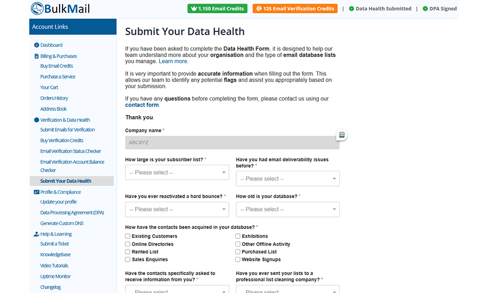 Submit BulkMail data health form