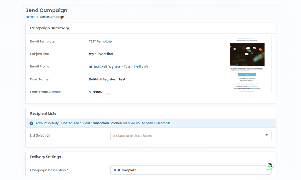 BulkMail account ready for sending
